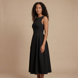 A-Line Pleated Sleeveless Midi Dress with Boat Neck