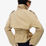 Cropped Jacket with Stand Collar and Double Breasted Button Front