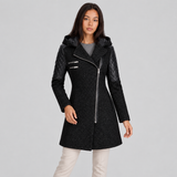 Women's Hooded Coat – Asymmetric Zip-Front Jacket with Quilted Shoulder Panels for Casual Wear