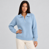 Half Button Polo Collar Sweater with Ribbed Hem