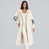 Hooded Long Coat with Knit Sleeves and Patch Pockets