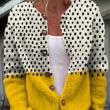 Colorblock Cardigan with Polka Dot Print and Button Front