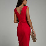 Wrap V-Neck Bodycon Midi Dress Women Ruched Slit Evening Party Dress