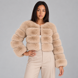 Cropped Faux Fur Jacket with Round Neck