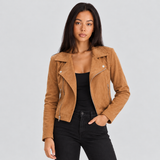 Women's Biker Jacket with Asymmetric Zipper and Suede-Look Finish
