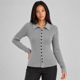 Collared Ribbed Knit Cardigan with Button-Front