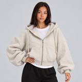 Cropped Zip-Up Hoodie with Drawstring Hood and Balloon Sleeve