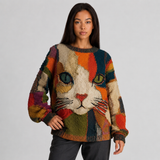 Chunky Knit Cat Graphic Crew Neck Sweater