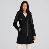 Hooded Coat with Asymmetric Zip and Quilted Sleeve