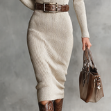 Bodycon Ribbed Knit Midi Dress with Collared V-Neck