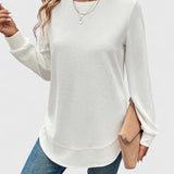 Women's Long Sleeve Top with Round Neck and Layered Curved Hem for Everyday Wear