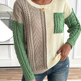 Cable Knit Color Block Sweater with Chest Pocket and Round Neck