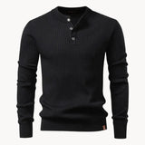 Ribbed Round Neck Half Button Sweater