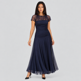 Ruched Maxi Dress with Sheer Sleeves and Flared Skirt