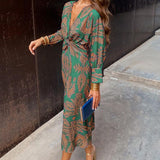 Twist-Front V-Neck Midi Dress with Long Sleeves