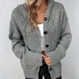 Hooded Button-Front Knit Cardigan with Drawstring
