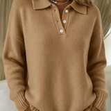 Half Button Polo Collar Sweater with Ribbed Hem