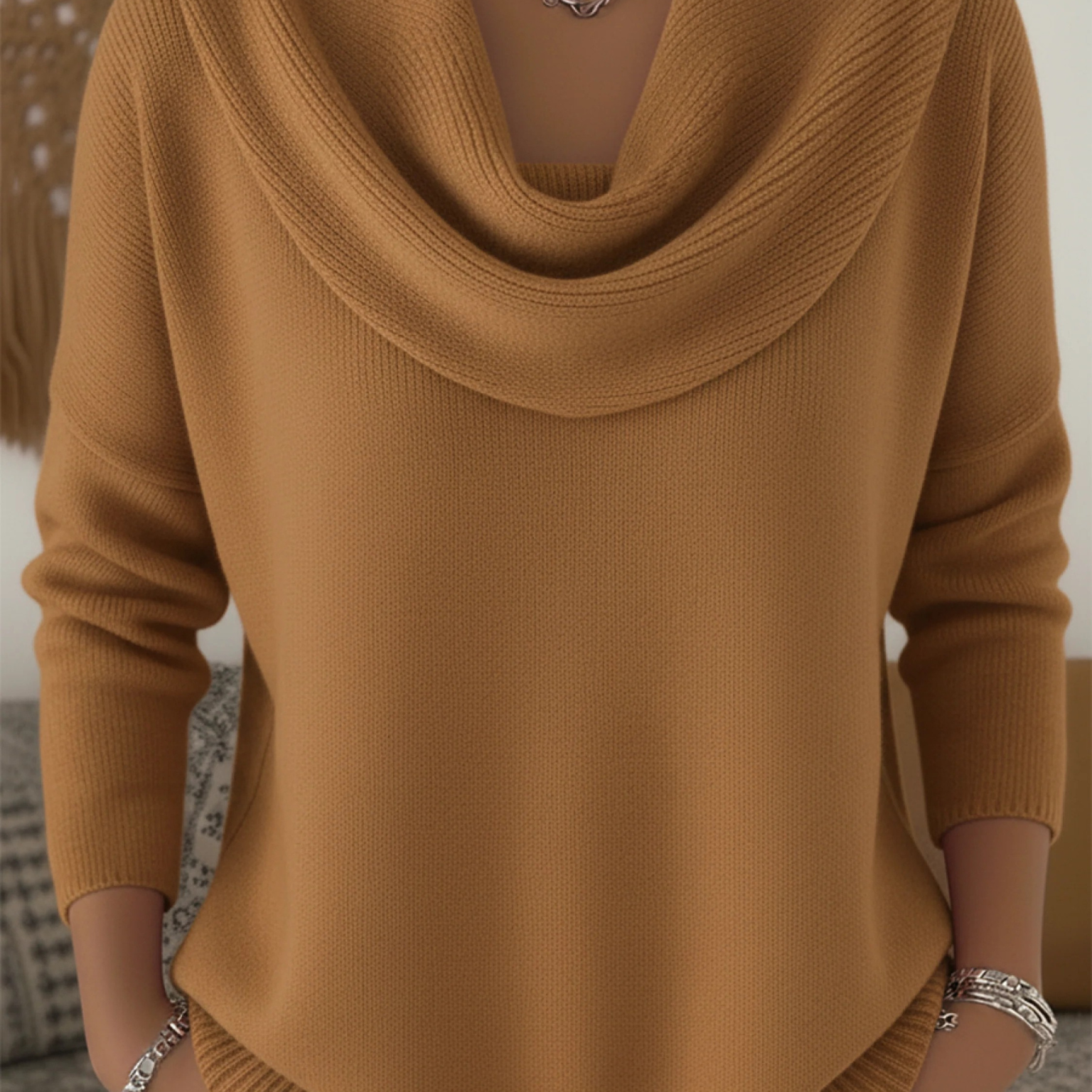 Ribbed Cowl Neck Long-Sleeve Sweater