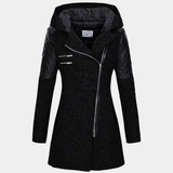 Women's Hooded Coat – Asymmetric Zip-Front Jacket with Quilted Shoulder Panels for Casual Wear