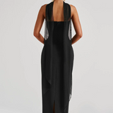 Strapless Maxi Dress with Ruched Waist and Neck Scarf