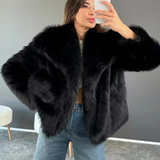 Cropped Faux Fur Jacket with Shawl Collar