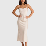 Satin Slip Midi Dress with Cowl Neck and Spaghetti Straps