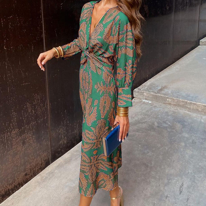 Twist-Front V-Neck Maxi Dress with Balloon Sleeve