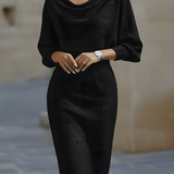 Ribbed Knit Midi Dress with Cowl Neck and Batwing Sleeves