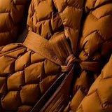 Belted Quilted Puffer Jacket with Lapel Collar and Long Sleeves