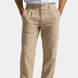 Linen Tapered Trousers with Drawstring Waist and Button Front