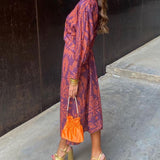 Twist-Front V-Neck Midi Dress with Long Sleeves