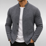 Single-Breasted Knit Cardigan with Stand Collar and Patch Pockets