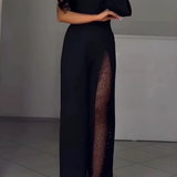 One-Shoulder Wide-Leg Jumpsuit with Mesh Thigh Slit