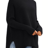 Oversized Turtleneck Knit Sweater for Women – Ribbed Long Sleeve Pullover with Side Slits for Casual Wear