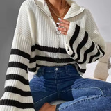 Half-Zip Striped Ribbed Knit Sweater