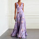 Pleated Floral Print Maxi Dress with V-Neck
