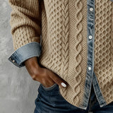 Button-Down Sweater with Denim Collar