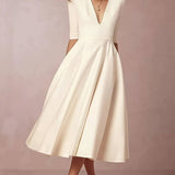 V-Neck Midi Dress with Flared Skirt and Three-Quarter Sleeve