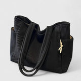 Ribbed Tote Bag with Shoulder Straps and Side Pocket