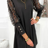 Embroidered Mesh Sleeve Shift Mini Dress with Round Neck