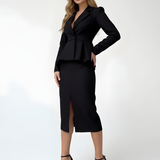 Women's Two Piece Skirt Suit with Peplum Blazer and Front Slit Midi Skirt