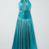 Pleated Halter Maxi Dress with Thigh Slit