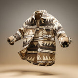 Oversized Geometric Print Shirt Jacket with Button Front and Chest Pocket