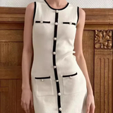 Sleeveless Bodycon Mini Dress with Contrast Trim and Button Front