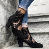 Floral Lace Mesh Ankle Boots with Block Heel
