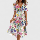 A-Line Floral Wrap Midi Dress with Ruffle Sleeves