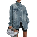 Oversized Denim Jacket with High Collar and Button Front