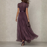 Lace Trim Chiffon Maxi Dress with High Neck and Puff Sleeves