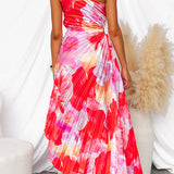 One-Shoulder Floral Pleated Maxi Dress with Ruched Waist