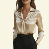 Satin Blouse with Twist Front and Collared Neckline